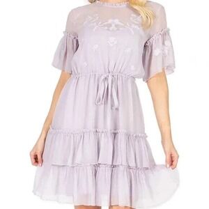Max Sport Misty Lilac Ruffle-Hem Lace-Overlay Sheer Tiered Chiffon Dress Small